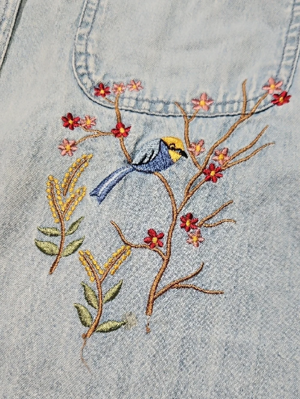 Vintage Light Wash Denim Button-Down Shirt with Cardinal Embroidery, Size Large - Picture 3 of 13